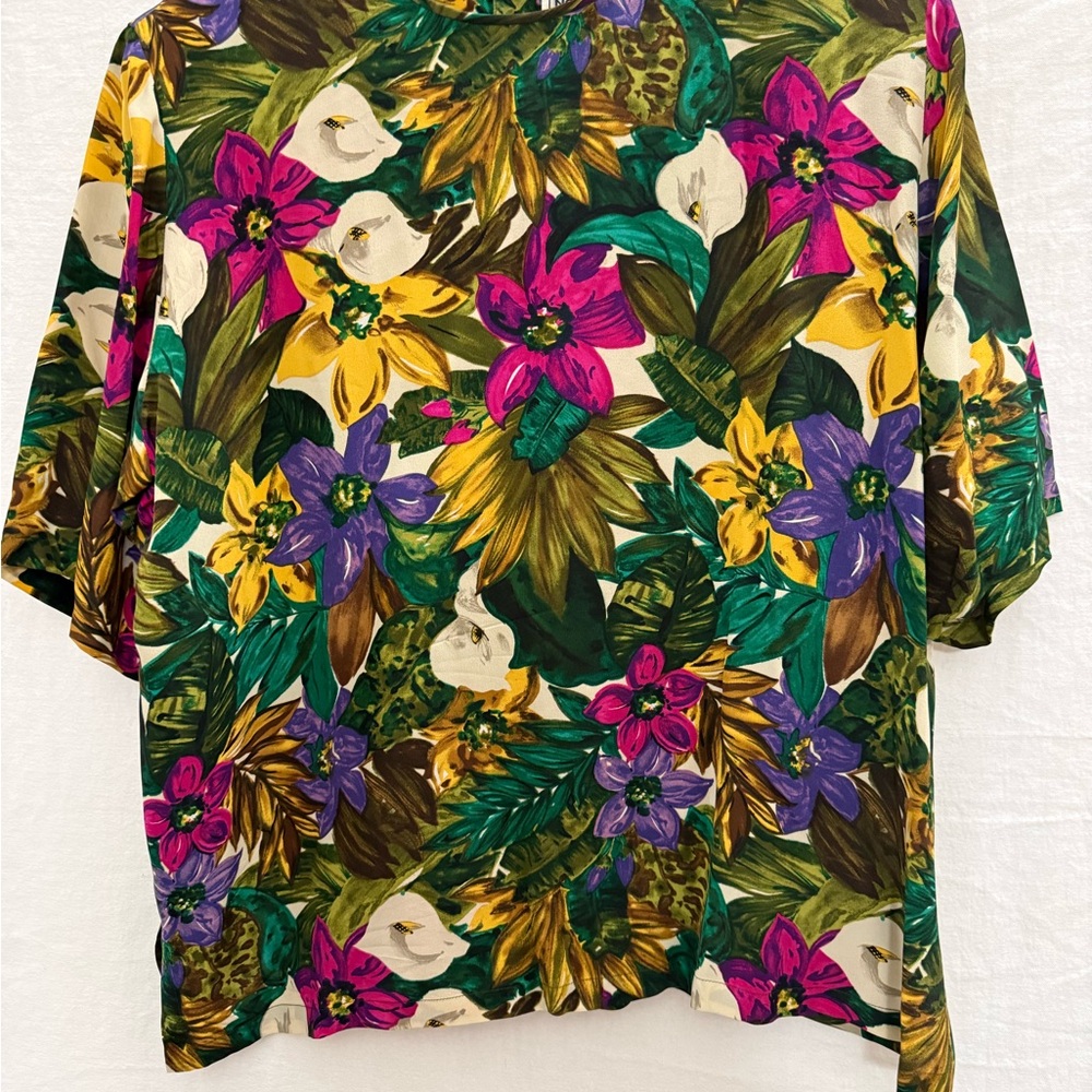 VTG Silk Tropical Bright Large Floral Nora Noh Botanical Resort 80’s / 90s Sz 18
